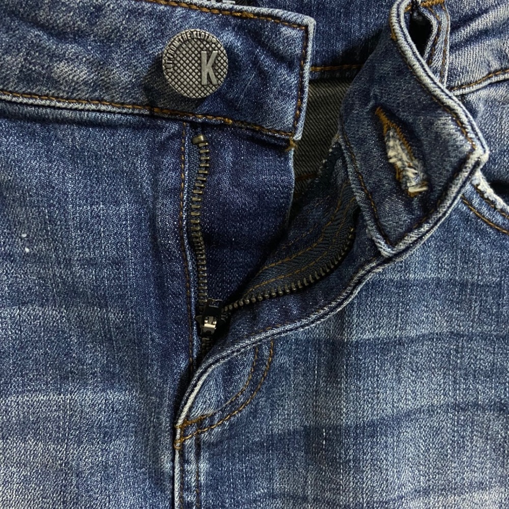KUT from the Kloth Connie Denim Skirt Medium Wash Raw Hem Size 8 Distressed Slit - Picture 7 of 13